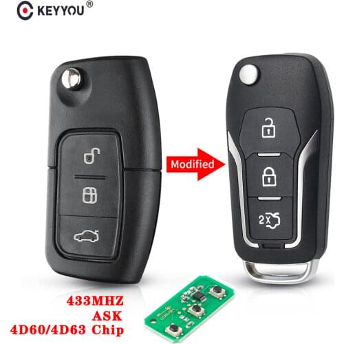 KEYYOU 433Mhz 3 Buttons Modified Folding Remote Car key For Ford Focus 2 3 mondeo Fiesta key 4D60 4D63 Chip Fob HU101 Blade