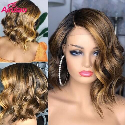 Ombre Highlight Short Bob Wig 4x4 Closure Honey Blonde Pre Plucked Body Wave HD Transparent Lace Human Hair Wigs For Women
