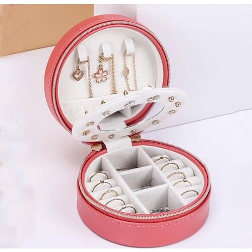 Round Jewelry Box Navy PU Leather Ring Case with Mirror Portable Zipper Studs Earring Storage Case Dressing Table Necklace Boxes