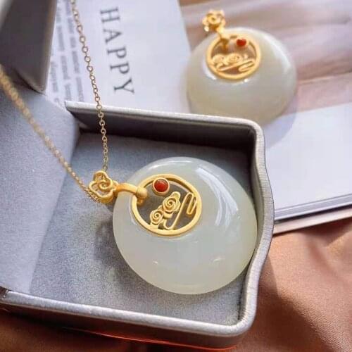 New silver inlaid natural Hetian white jade round brand Xiangyun Pendant Necklace Chinese style retro charming womens jewelry