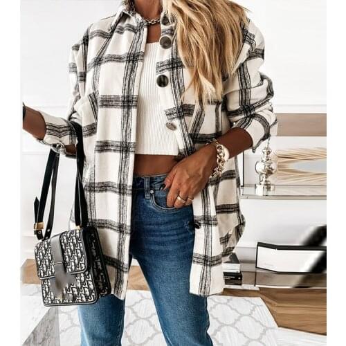 Plaid Turn Down Collar Long Sleeves Womens Coats Vintage Single Breasted Casual Loose Simple Lady Coat Autumn Fashion New Trend