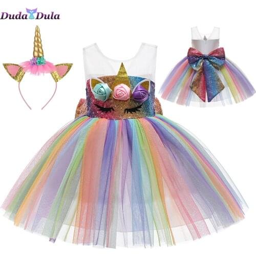 Girls Dress Unicorn Costume Fancy Up Christmas Kids Sequin Pastel Rainbow Tutu Birthday Party Dresses Princess Cosplay Costumes