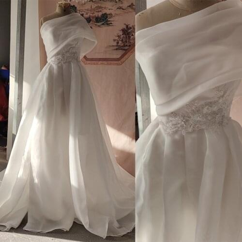 Real Photos Bridal Gowns White Wedding Dresses A-Line Organza Satin Beaded Lace Appliques Leg Slit Bride Dress