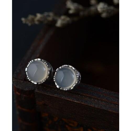 Stone earrings wholesale Simple fashion small pure and fresh and silver ornaments Female money chalcedony earrings