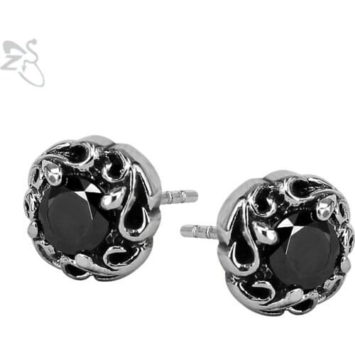 ZS Punk Style Stud Earrings With Black Stone For Mens Womens Ear Stud Piercing Tragus Stainless Steel Jewelry Pendientes Hombre