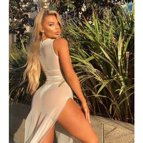 Mesh See Through Maxi Boho Bodycon Summer Women Sundress Dresses Beach Style Streetwear Sleeveless Long Split Dress Outfits 2021