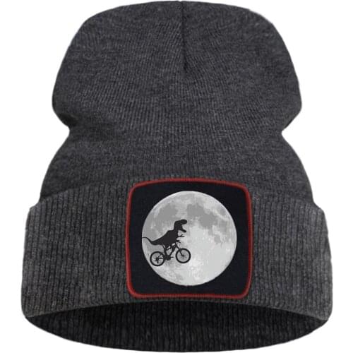 Dinosaur Riding Bike Funny Moon Print Unisex Cap Cartoon Warm Winter Caps Solid Color Simple Knitted Caps Creative Quality Cap