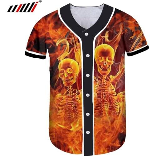 UJWI Summer Loose Sports Man Baseball Shirt 3D Printed Hip Hop Mens Oversized 5XL T-shirt Funny Dance Flame Skulls Tshirt