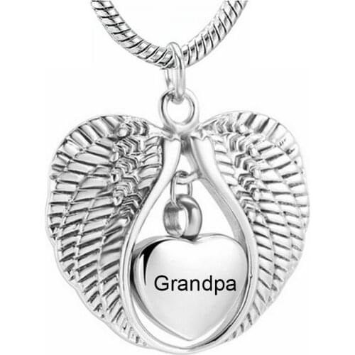 Cremation Jewelry 316L Stainess Steel Memorial Urn Pendant for Funeral Free Engrave Mini Heart Urn Charm with Angel Wings