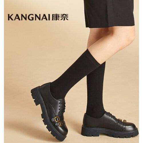 KANGNAI Women Leather Shoes Oxfords Metal Decoration Lace-Up British Style Ladies Chunky Platform Flats