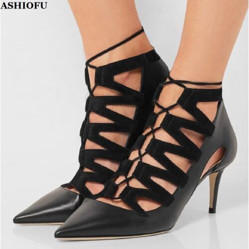 ASHIOFU Handmade New Ladies High Heel Pumps Crosscriss Straps Party Prom Shoes Pointed Fashion Club Evening Court Shoes