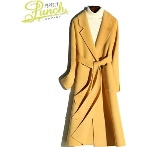 100% Coat Women Long Korean Double-sided Spring Autumn Wool Jacket Yellow Overcoat Abrigos Mujer Elegante XRD1810 KJ5049