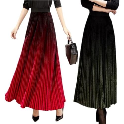Winter Gradient Color Velvet Pleated Big Swing Long Skirt Elegant Muslim Women Spring Fashion High Waist Casual Skirt Vestidos