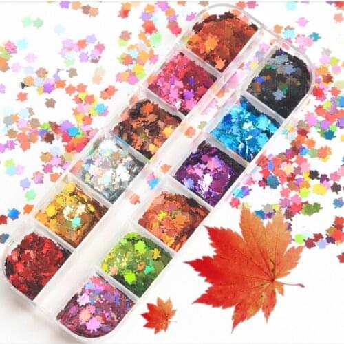 12 Grid Maple Leaf Nail Glitters Nail Art Sequins Holographic Paillette Gradient Autumn UV Gel Polish Manicure tools Decorations