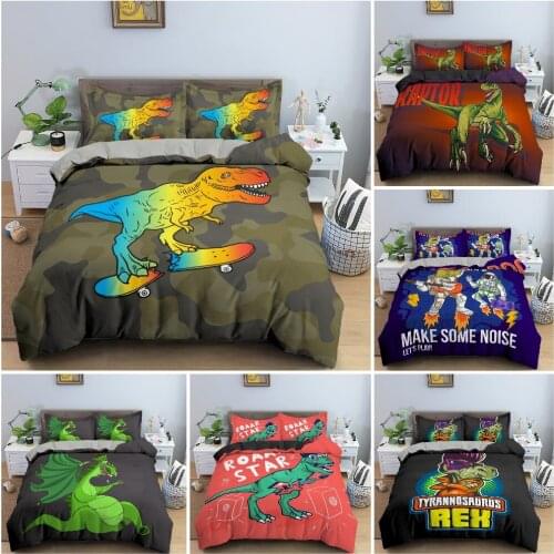 2/3PCS 3D Cartoon Dinosaur Pattern Duvet Cover Soft Cozy Bedding Set For Teen Kids Bedroom Pillowcase King Queen Bedclothes