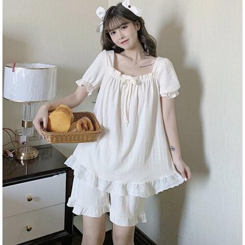 2 Piece/set Sweet Gtrls Sleepwear Lolita Cotton Pyjamas Set Kawaii Women Nightwear Shorts Femme Lounge Set Home Wear Ruffles