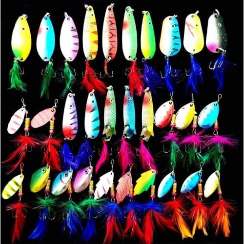 30pcs/Box Fishing Metal Lures Colorful Feather Metal Casting Fishing Spinner Baits Spoon Fishing Lures Treble Hooks Tackle Kit