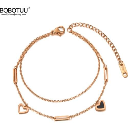 BOBOTUU Trendy Bohemia Stainless Steel Double Layer Heart Charm Bracelets For Women CZ Crystal Chain Link Jewelry BB20109
