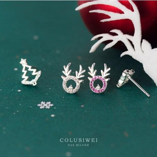 COLUSIWEI Authentic 925 Sterling Silver Asymmetric Elk Pattern Christmas Tree Stud Earrings for Women Christmas Present Jewelry