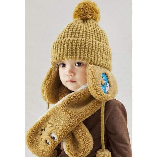 Toddler Kids Baby Boys Girls Winter Warm Plush Scarf Hats Kits Thicken Earflap Beanie Cap Cute Animal Design Kids Hats
