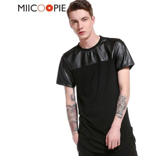 Harajuku Hip Hop T Shirt Men Patchwork Leather T-shirt Streetwear Men Skate Tee Shirts Arc hem Swag Clothes Camisetas XXL