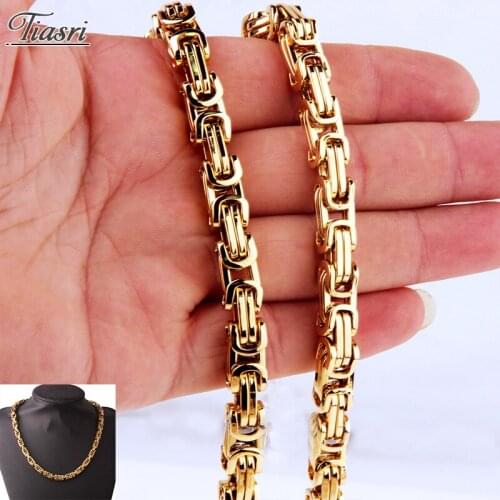 Tiasri 8mm Fashion Mens Necklace Bracelet High Quality Stainless Steel Jewelry Accessories Gold Color Byzantine Chain Wholesale