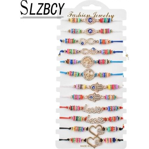 Fashion 12 pcs/set Soft Clay Rhinestone Bracelets Set For Women kids Tree Of Life Hamsa Hand Heart Charm Bracelet Anklet Jewelry