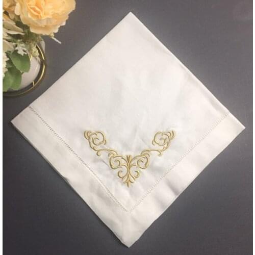 Set of 12 Fashion Ninner Napkins white Hemstitched linen Table Napkin with Gold Color Embroidered Floral 20x20-inch