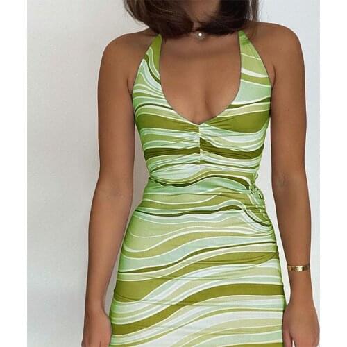 Ripple Print Halter Tie Up Dress Stylish Summer Womens Sleeveless Short Bodycon Dress Party Club Deep V Backless Sheath Dress