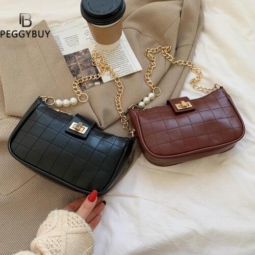 Portable Lattice Women PU Shoulder Handbag Pearl Underarm Tote Bag Chain Satchel Fashion Exquisite Shopping Bag