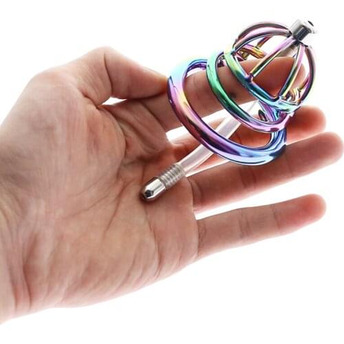 BDSM Rainbow Stainless Steel Cock Cage with Urethral Catheter Erotic Chastity Device lockin Penis Cock Ring Sex Adlult Toys