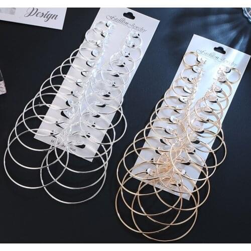 12 Pair Women Large Circle Silver Color Hoop Earrings Gold for Women Round Huggie Creole Earrings Set Vintage Hoops Ear Rings