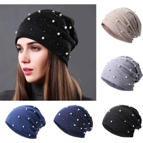 Pearl Rhinestones Women Beanie Hats Autumn Winter Warm Soft Cotton Skullies Caps Casual Outside Turban Female Ladies Headwear