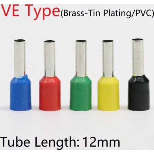20pcs VE Tubular Terminal Electrical Cable Connector Brass Pipe 12mm PVC Insulated Ferrules Red Yellow Blue Green Black