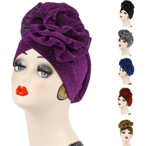Big Flower Glitter Turban Indian Beanie Bonnet Muslim Women Chemo Cap Hair Loss Hat Headwear Scarf Wrap Covers Islamic Headscarf