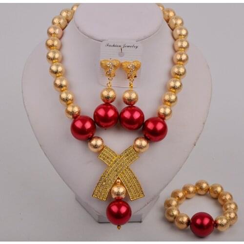 Wine Pearl Bead Dubai Gold African Jewelry Set Nigerian Wedding Bridal Set Costume Necklace