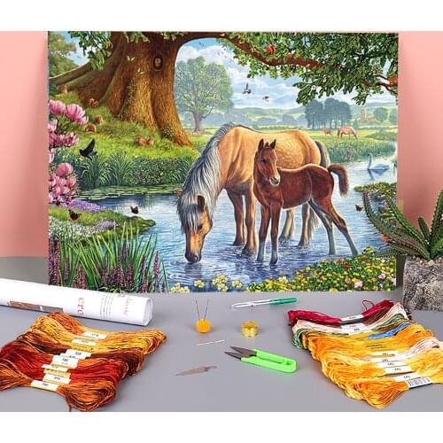 Animal Horse Flower Printed Water-Soluble Canvas 11CT Cross-Stitch DIY Embroidery Set DMC Threads Handiwork Adults