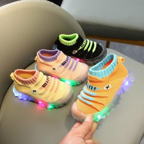 #VW Knitted Children Baby Girls Boys Shoes Sneakers Bling Led Light Luminous Sport Shoes Rubber Sole Mixed Colors Shoes туфли