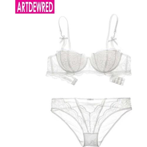 High quality Underwear Women Bra Set Deep V Plus Size Lingerie Sexy Transparent Lace Bra & Brief Sets Push Up Lace Brassiere Set