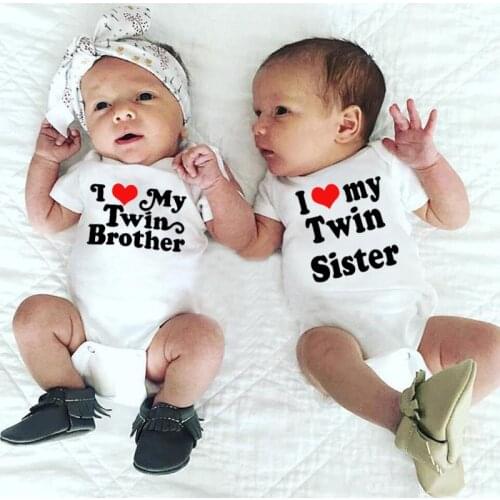 I Love My Twin Brother Sister Funny Newborn Rompers Twins Baby Boys Girls Short Sleeved Cute Matching Jumpsuit Clothes