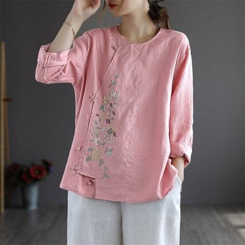 QPFJQD Ladies Linen Shirts O-Neck Full Sleeve Solid Color Women Button Loose Retro Embroidery Blouse Spring Autumn