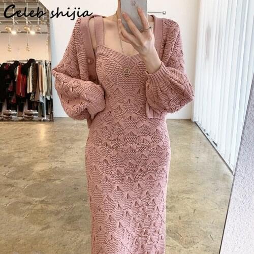 SHIJIA PINK Dress Sets Woman Knitted Tops + Slim Dress Autumn Winter New Korean Elegant Party Vestido Sweater 2 Piece Sets