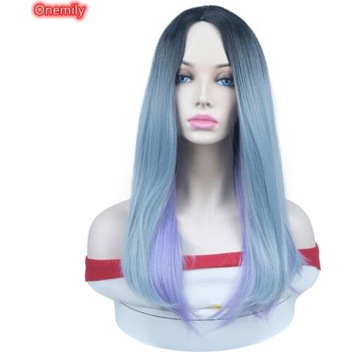 Onemily Halloween 61CM Long Straight Ombre Colorful Cosplay Wig Heat Resistant Fiber Synthetic Natural Fashion Women Daily Wigs