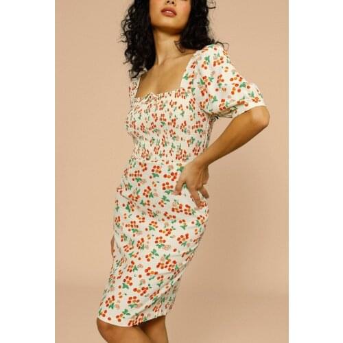 Cherry Print Square Collar Women Mini Dress 2021 Summer New Short Puff Sleeve Waist Slim Holiday Dresses Robe
