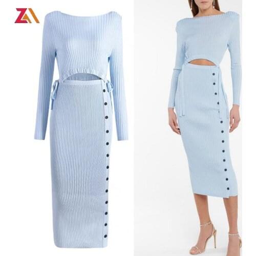 ZALady Celebrity solid party sexy midi long dress autumn hollow out bodycon pencil split button blue knitted elegant dresses Y2K