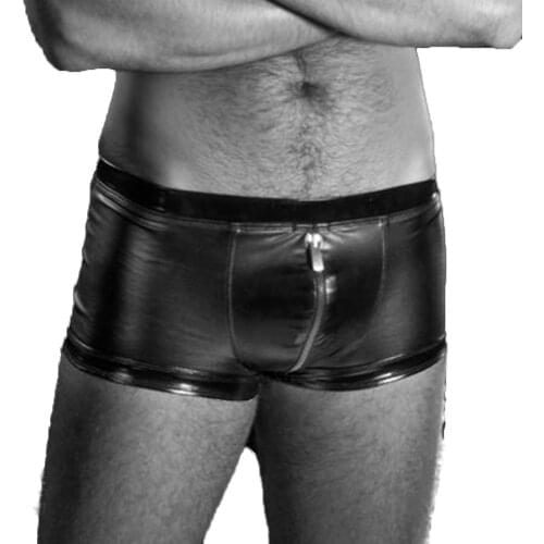 Sexy Underwear Men Black Patent Leather Boxers Shorts Zipper Open Crotch Gay Underwear Trunk Underpants Male Clubwear Big Size