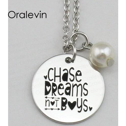 CHASE DREAMS NOT BOYS Inspirational Hand Stamped Engraved Pendant Clothing Accessories Necklace Gift Jewelry,10Pcs/Lot, #LN2199