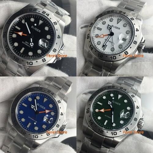 BLIGER 43mm GMT Function Sterile Automatic Mens Watch Date Display Sapphire Glass Oysert Bracelet Brushed Case Luminous Hands