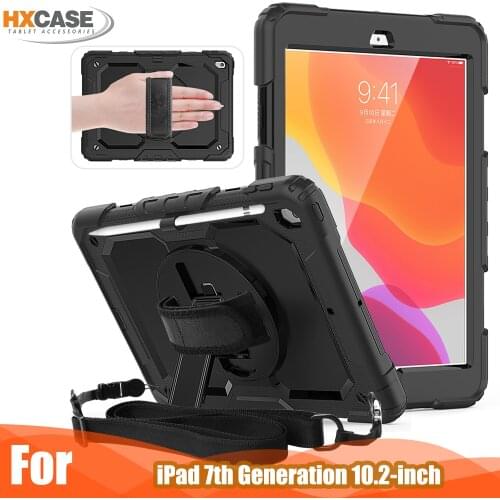 HXCASE for iPad 7th Generation 10.2 inch 2019 Shoulder Strap Silicon case with 360 Rotation Hand Strap and Bulit-in Kickstand