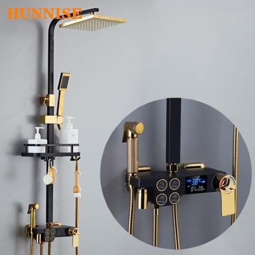 Digital Shower Set HUNNISE Thermostatic Bathroom Faucets 9 Inch Rainfall Shower Head for Black Gold Thermostatic Shower System